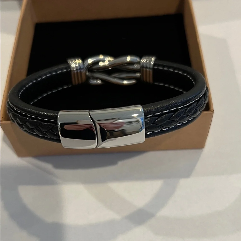 Men's (Mother/Son) Silver Stainless Steel and Black Leather Bracelet-NIB - Picture 2 of 5